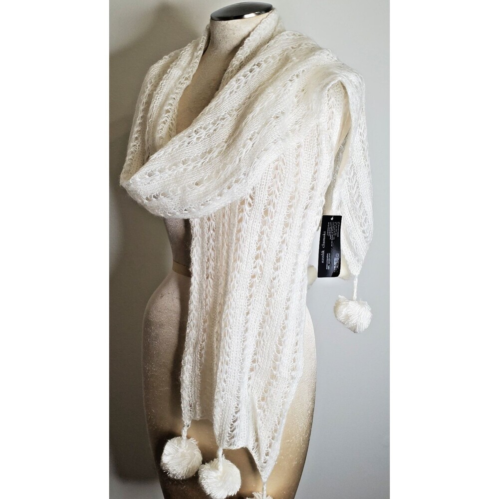 Moraj Scarf Cream Knit Lace Pom-poms 70x11" Soft Romantic Warm Feminine NEW